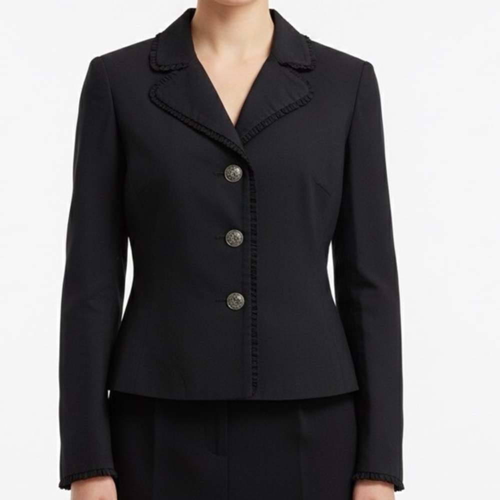 Trina Turk Ruffle Trim Black Blazer Suit Jacket Silver Buttons 4